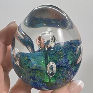 Vintage Art Glass Dancing Bubbles Egg Shape Paperweight Green Sea Ocean Theme